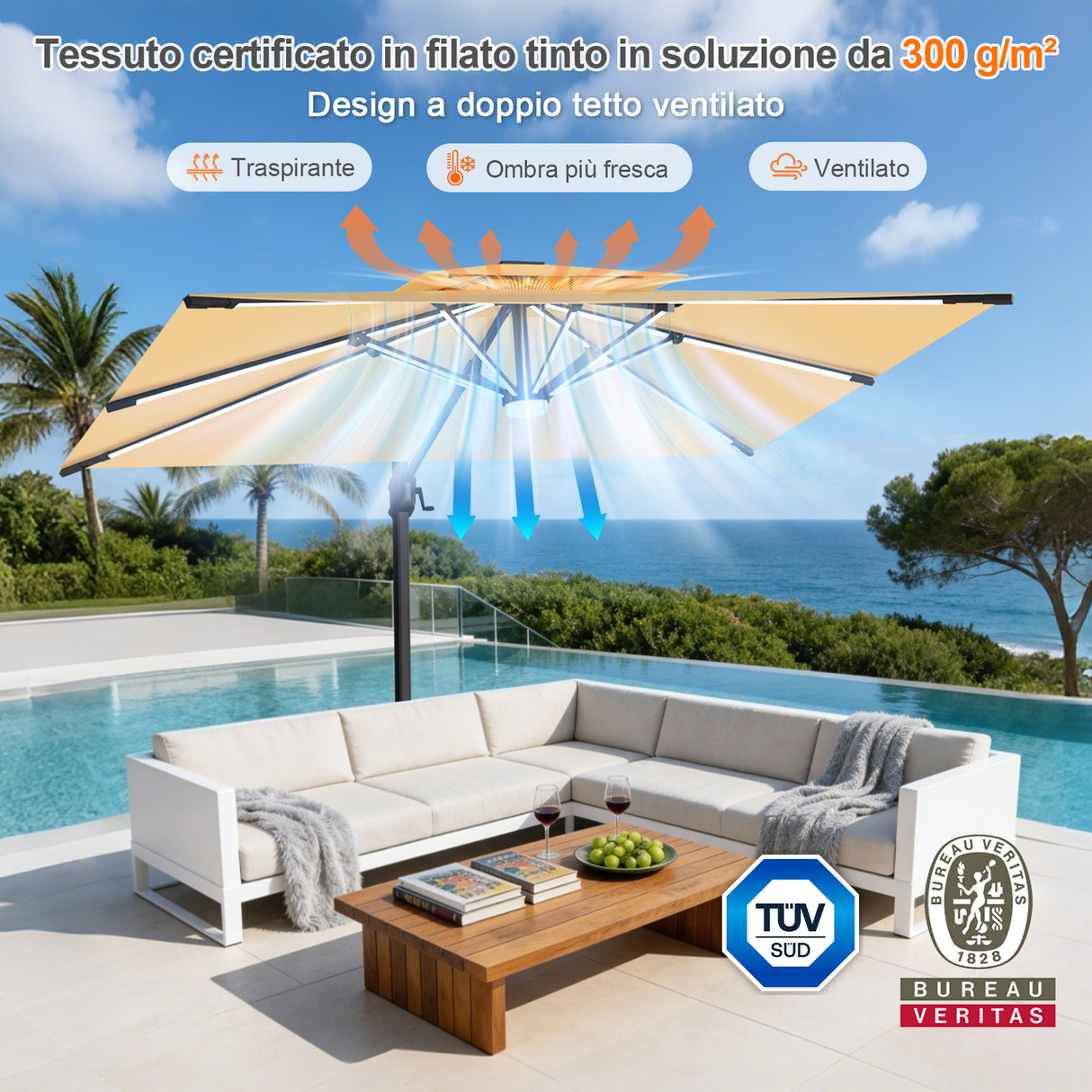 Patioslife Aegis Premium Ombrellone a Braccio con Luci LED a Striscia su Tutte le Stecche, Stecche in Fibra di Vetro, Palo in Alluminio Verniciato a Polvere e Copertura Protettiva – Ombrellone da Giardino e Patio di Lusso per Esterni