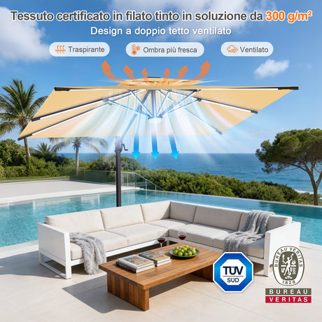 Patioslife Aegis Premium Ombrellone a Braccio con Luci LED a Striscia su Tutte le Stecche, Stecche in Fibra di Vetro, Palo in Alluminio Verniciato a Polvere e Copertura Protettiva – Ombrellone da Giardino e Patio di Lusso per Esterni
