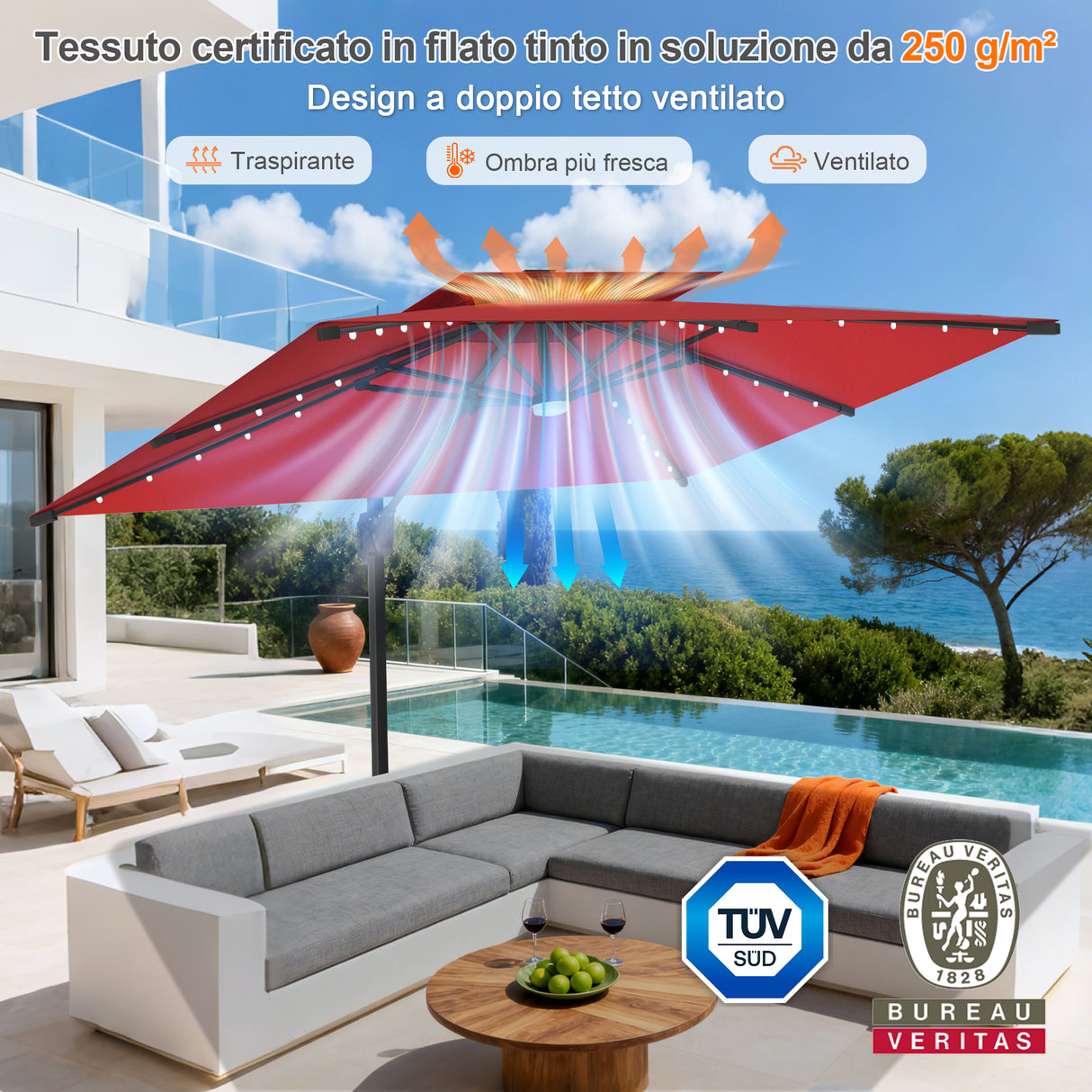 Patioslife Aegis Pro Ombrellone a Braccio con Luci LED, Struttura in Alluminio Rinforzato e Verniciato a Polvere — Ombrellone da Giardino e Patio per Esterni