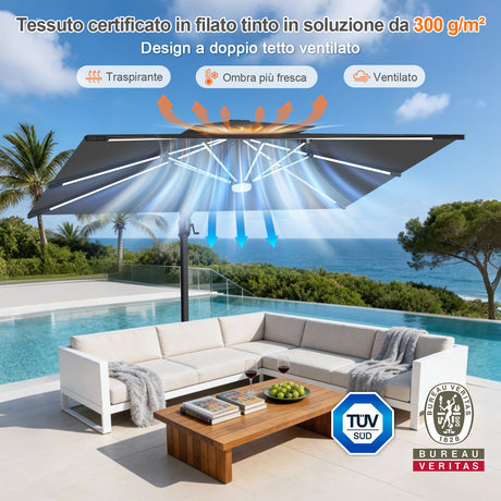 Patioslife Aegis Premium Ombrellone a Braccio con Luci LED a Striscia su Tutte le Stecche, Stecche in Fibra di Vetro, Palo in Alluminio Verniciato a Polvere e Copertura Protettiva – Ombrellone da Giardino e Patio di Lusso per Esterni