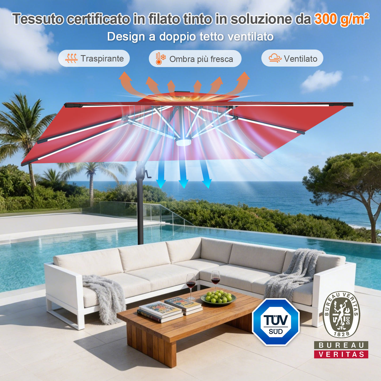 Patioslife Aegis Premium Ombrellone a Braccio con Luci LED a Striscia su Tutte le Stecche, Stecche in Fibra di Vetro, Palo in Alluminio Verniciato a Polvere e Copertura Protettiva – Ombrellone da Giardino e Patio di Lusso per Esterni