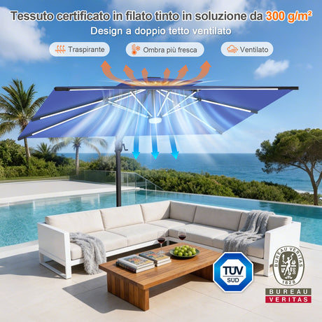 Patioslife Aegis Premium Ombrellone a Braccio con Luci LED a Striscia su Tutte le Stecche, Stecche in Fibra di Vetro, Palo in Alluminio Verniciato a Polvere e Copertura Protettiva – Ombrellone da Giardino e Patio di Lusso per Esterni