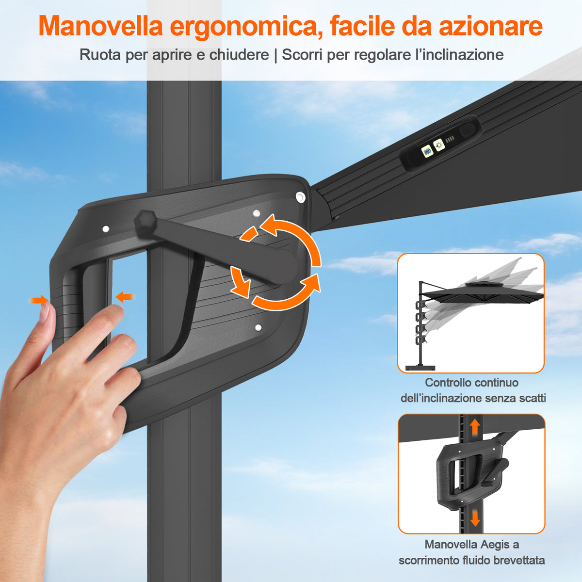 Patioslife Aegis premium – Ombrellone a braccio con luci LED su tutte le stecche, stecche in fibra di vetro e palo in alluminio verniciato