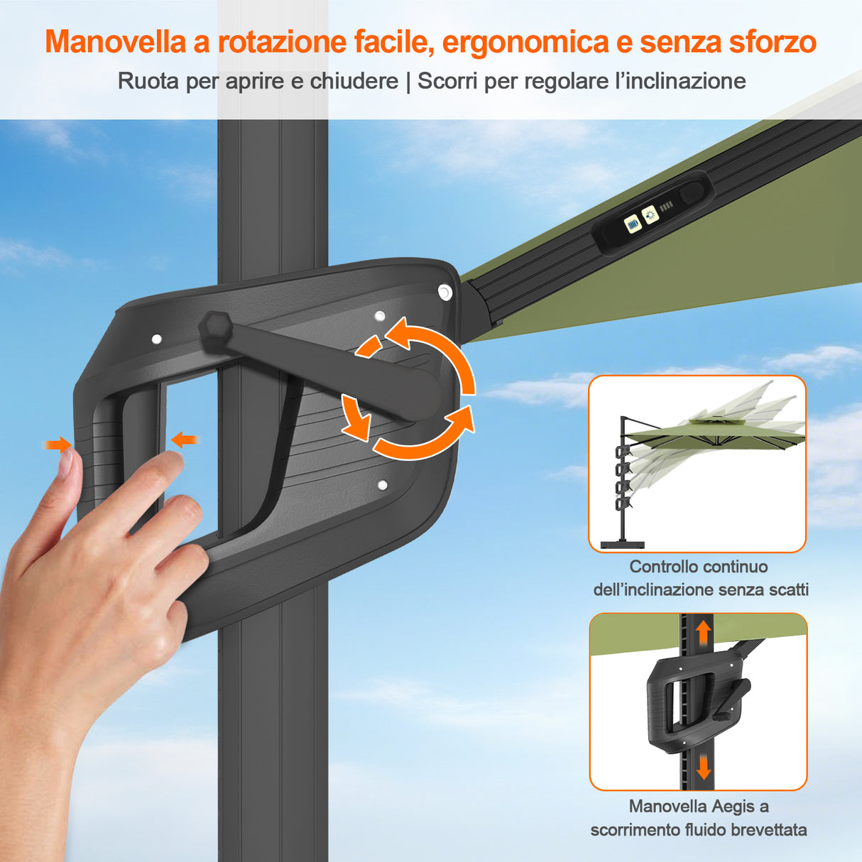 Patioslife Aegis Premium Ombrellone a Braccio con Luci LED a Striscia su Tutte le Stecche, Stecche in Fibra di Vetro, Palo in Alluminio Verniciato a Polvere e Copertura Protettiva – Ombrellone da Giardino e Patio di Lusso per Esterni