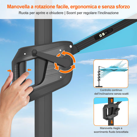 Patioslife Aegis Premium Ombrellone a Braccio con Luci LED a Striscia su Tutte le Stecche, Stecche in Fibra di Vetro, Palo in Alluminio Verniciato a Polvere e Copertura Protettiva – Ombrellone da Giardino e Patio di Lusso per Esterni