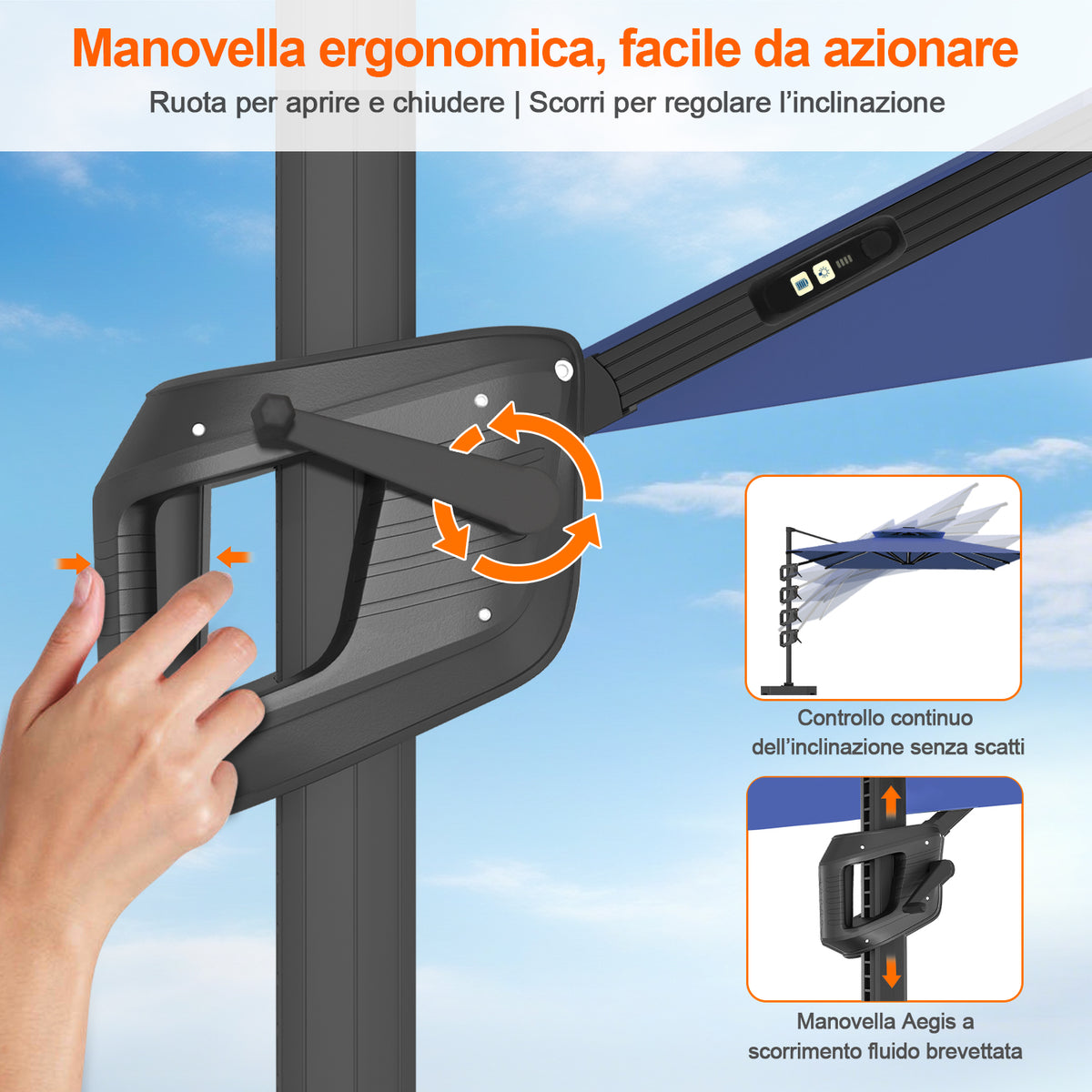 Patioslife Aegis premium – Ombrellone a braccio con luci LED su tutte le stecche, stecche in fibra di vetro e palo in alluminio verniciato