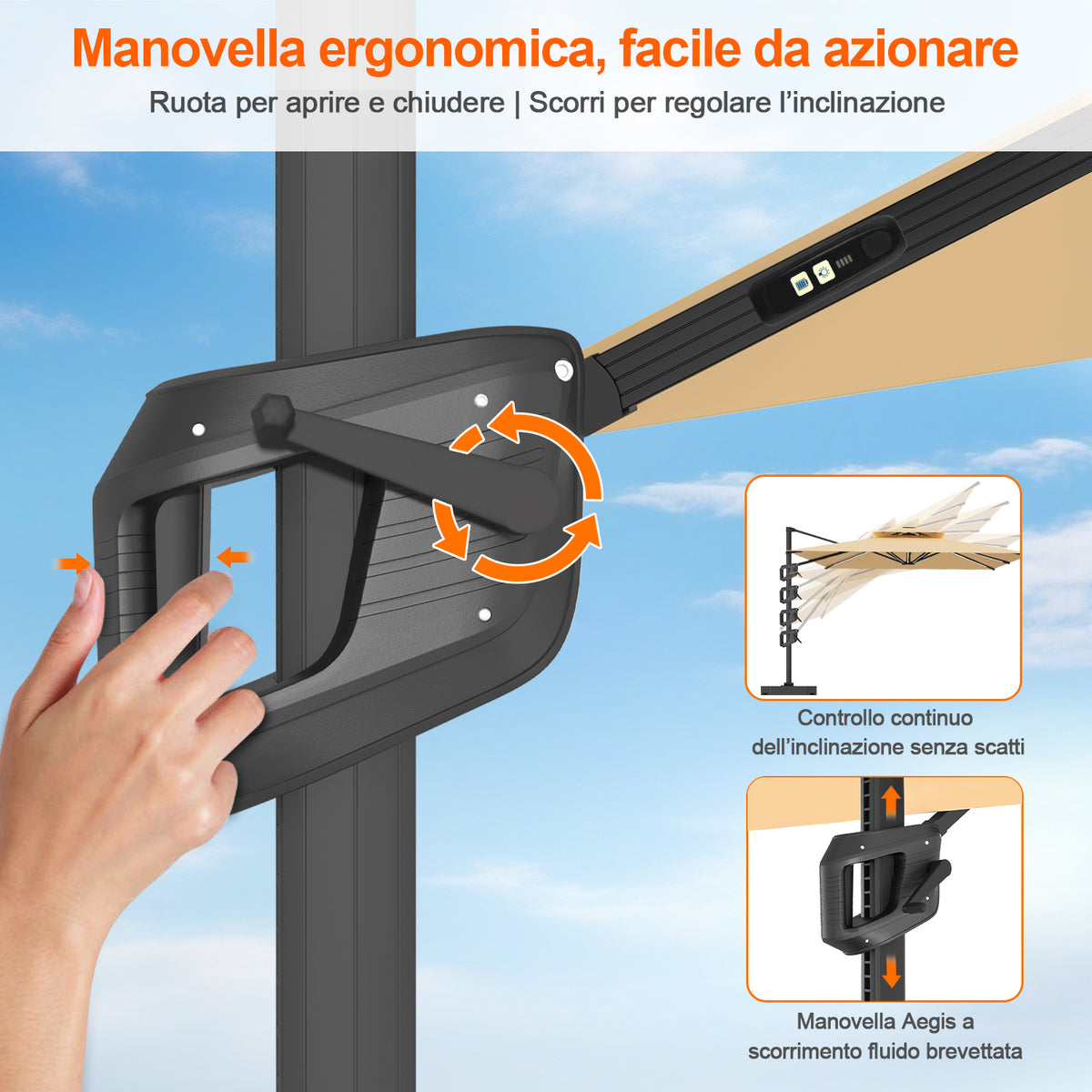 Patioslife Aegis premium – Ombrellone a braccio con luci LED su tutte le stecche, stecche in fibra di vetro e palo in alluminio verniciato