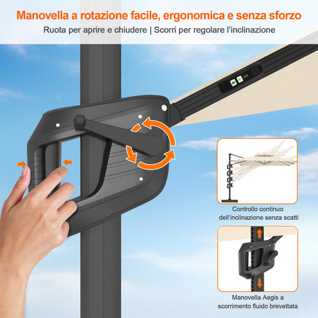 Patioslife Aegis Premium Ombrellone a Braccio con Luci LED a Striscia su Tutte le Stecche, Stecche in Fibra di Vetro, Palo in Alluminio Verniciato a Polvere e Copertura Protettiva – Ombrellone da Giardino e Patio di Lusso per Esterni
