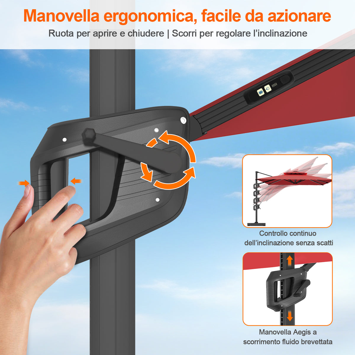 Patioslife Aegis premium – Ombrellone a braccio con luci LED su tutte le stecche, stecche in fibra di vetro e palo in alluminio verniciato