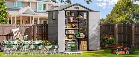 Patioslife YardVault Casetta da Giardino in Resina con Pavimento Impermeabile, Finestra e Porta con Serratura – Shed da Giardino Esterno, Protezione per Attrezzi e Giardino
