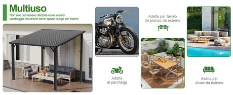 Patioslife Haven Gazebo da Giardino a Tetto Rigido Montato a Parete in Alluminio, Pergola Resistente per Giardino, Cortile o Terrazza, Tetto per Esterni