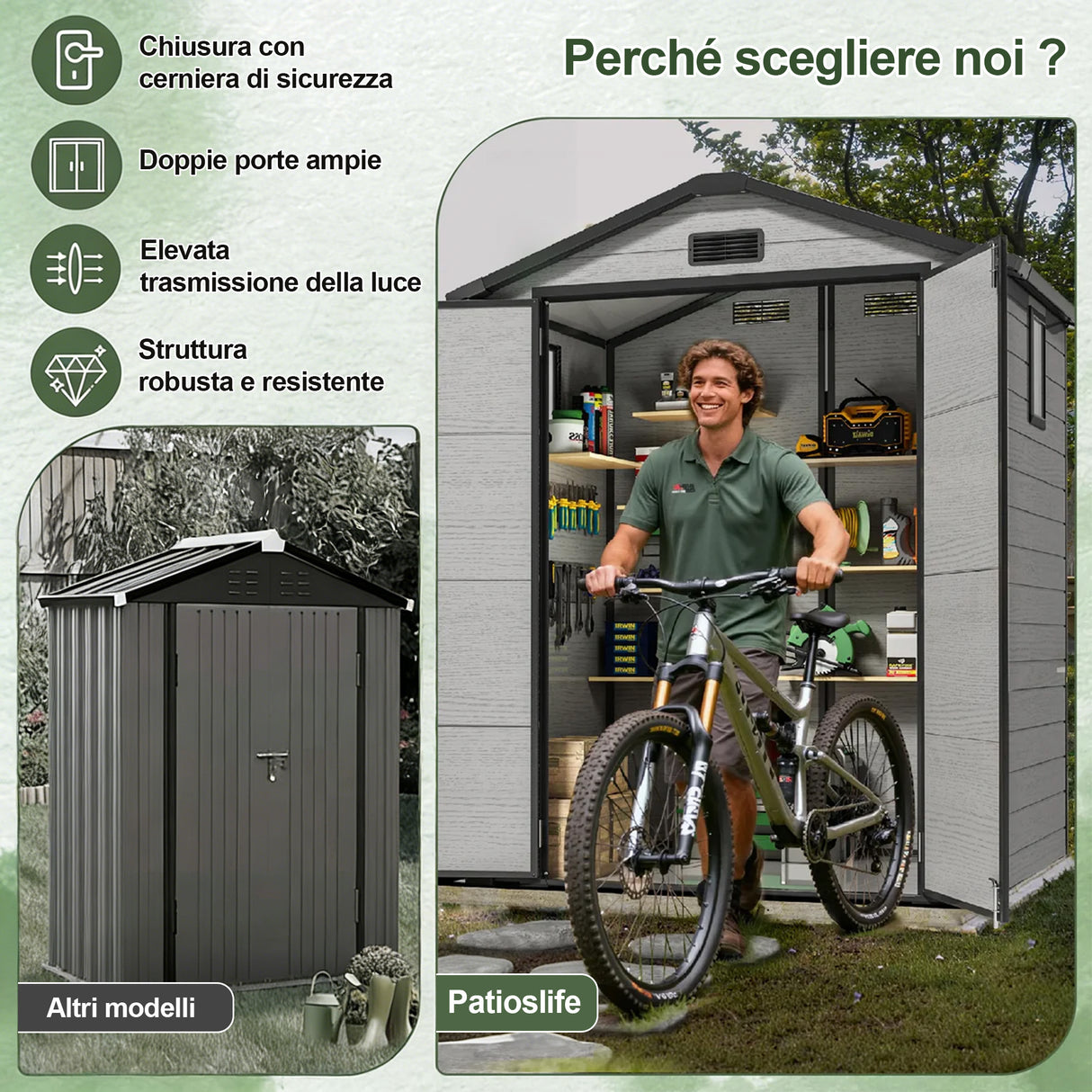 Patioslife YardVault Casetta da Giardino in Resina con Pavimento Impermeabile, Finestra e Porta con Serratura – Shed da Giardino Esterno, Protezione per Attrezzi e Giardino