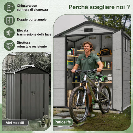 Patioslife YardVault Casetta da Giardino in Resina con Pavimento Impermeabile, Finestra e Porta con Serratura – Shed da Giardino Esterno, Protezione per Attrezzi e Giardino