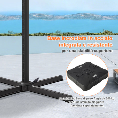 Patioslife Aegis Pro™ Ombrellone a Braccio con Base Incrociata, Struttura Robusta e Palo in Alluminio Verniciato a Polvere – Ombrellone da Giardino e Patio per Esterni